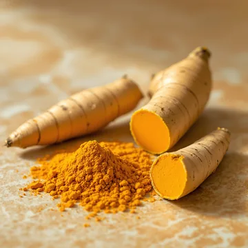 Golden curcumin powder beside an opened turmeric root
