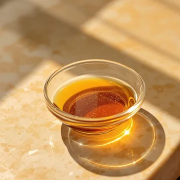 A small glass dish of amber fulvic mineral liquid