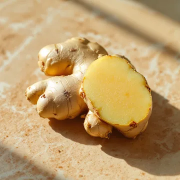 A fresh ginger root with one cut face