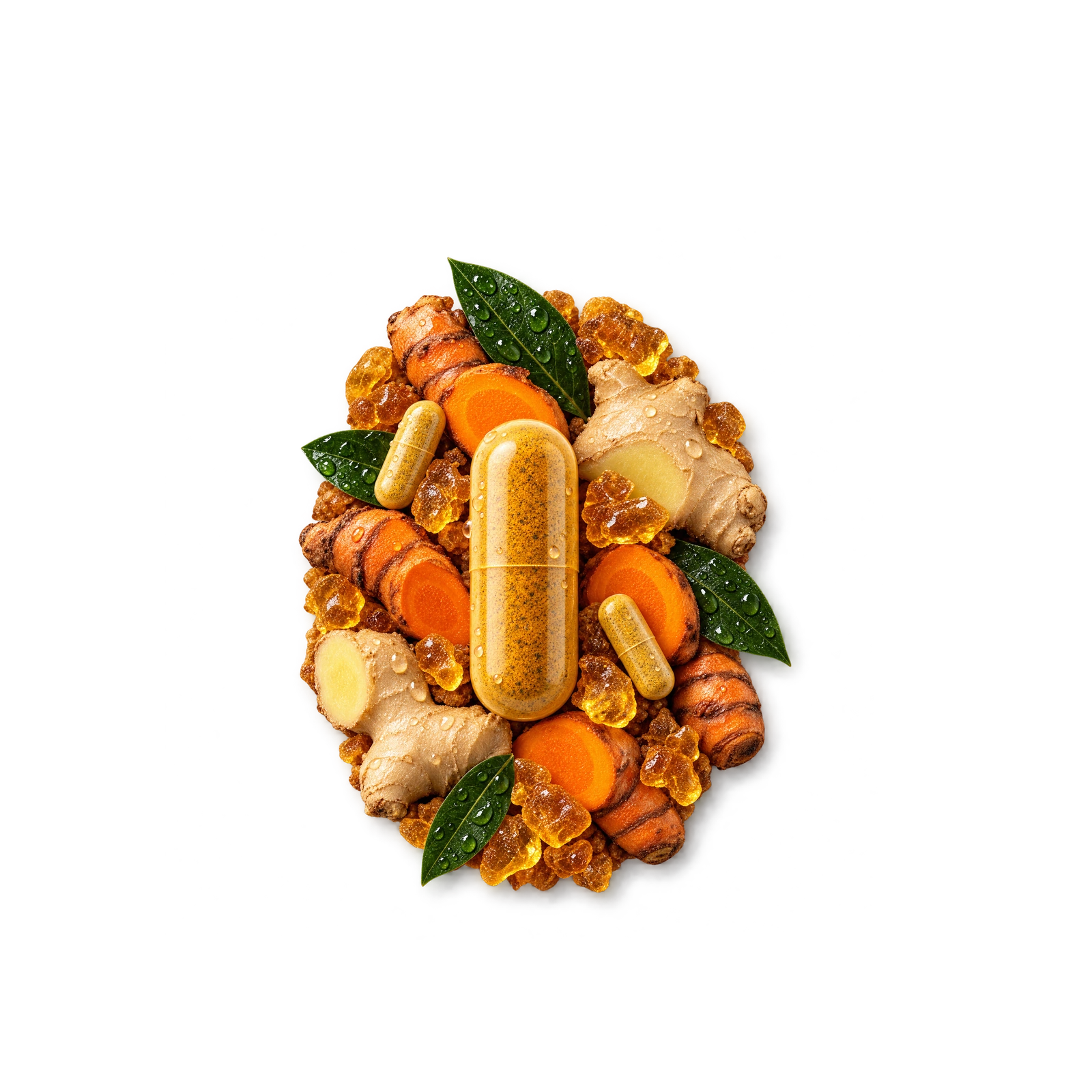 Golden capsules surrounded by turmeric, ginger, botanical resin and dewy green leaves