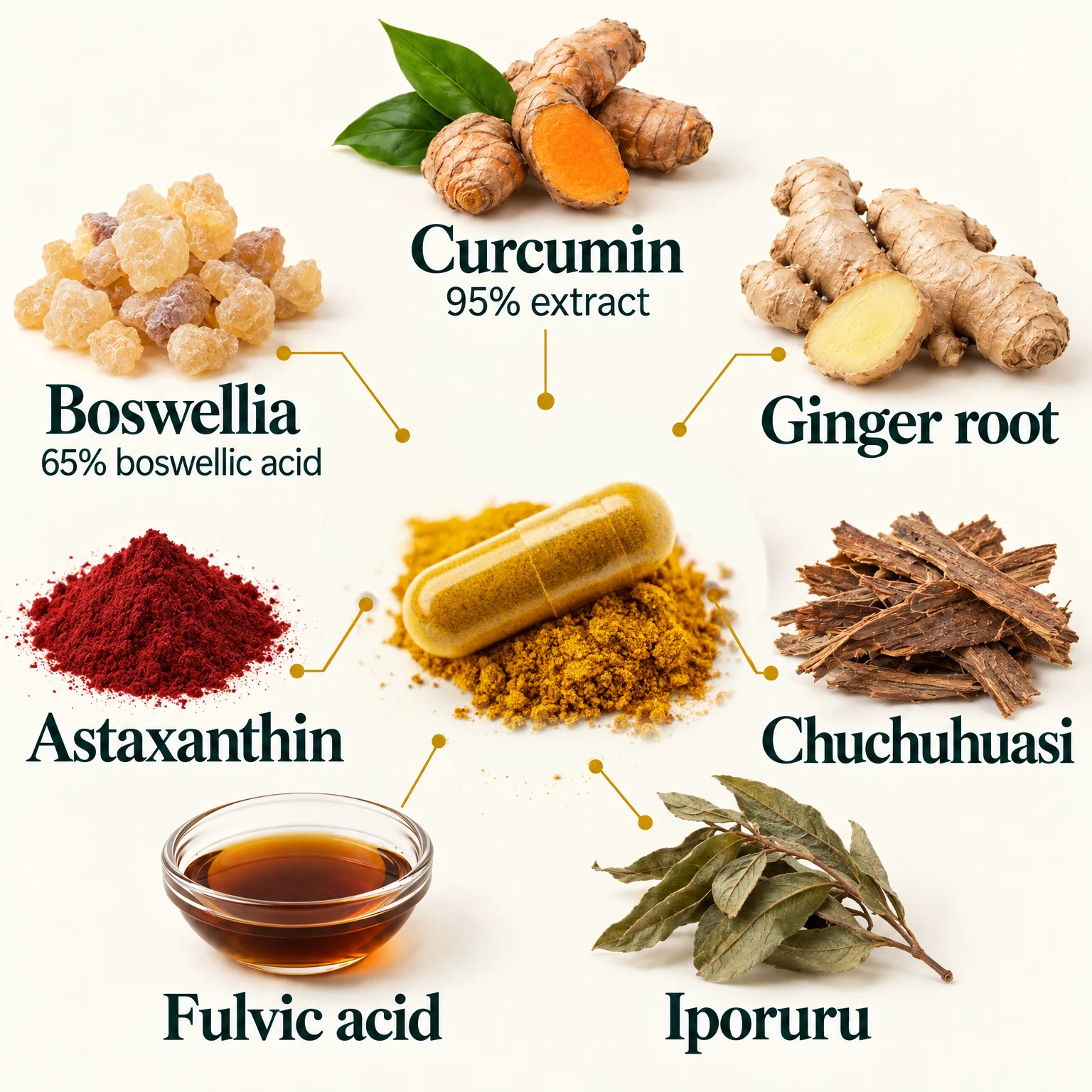 Curcumin 95% extract, Boswellia 65% boswellic acid, ginger root, astaxanthin, chuchuhuasi, iporuru and fulvic acid.