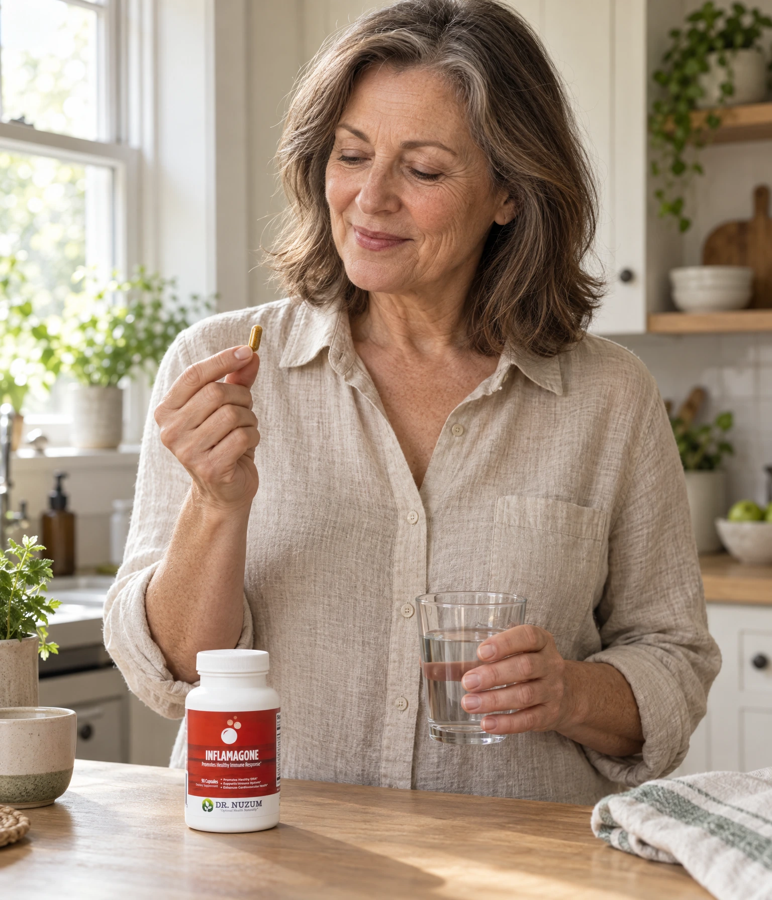 Illustrative lifestyle scene of a woman holding a golden capsule and a glass of water, with Inflamagone on her kitchen counter