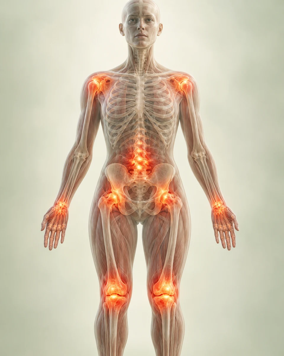 Biological illustration of a human body with inflammation highlighted at the shoulders, wrists, lower back, hips, and knees